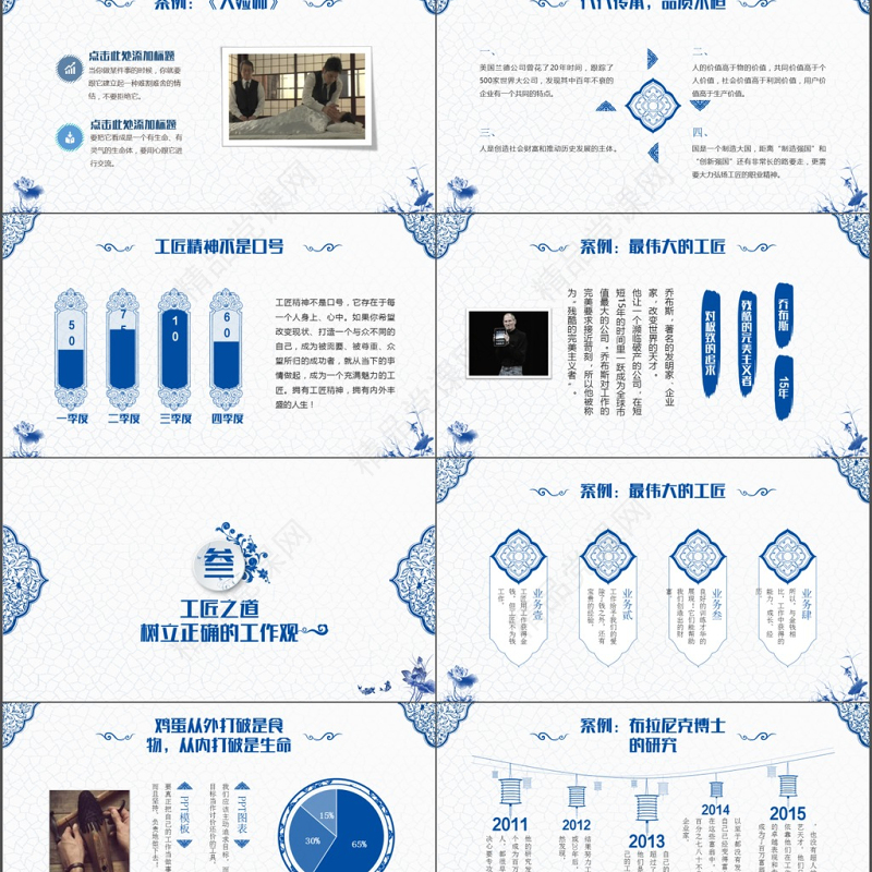 2017蓝色青花瓷工匠精神党课ppt模板