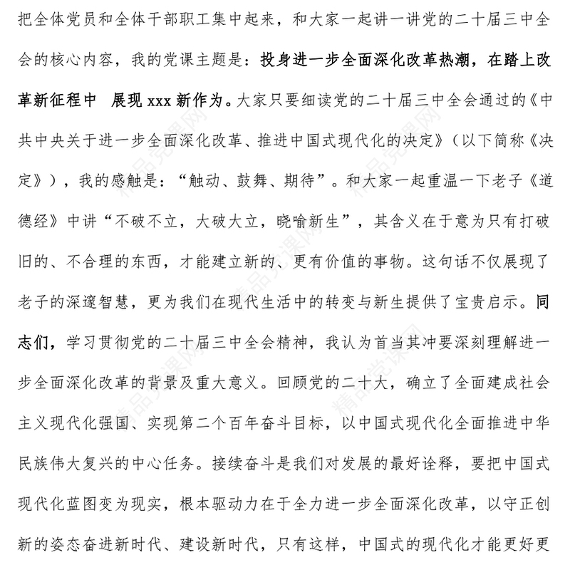 学习党的二十届三中全会精神党课讲话稿（适合各类党委书记、支部书记）