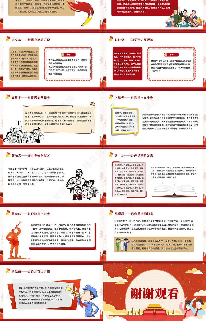 2021党史上的著名人物PPT模板红黄色简约卡通