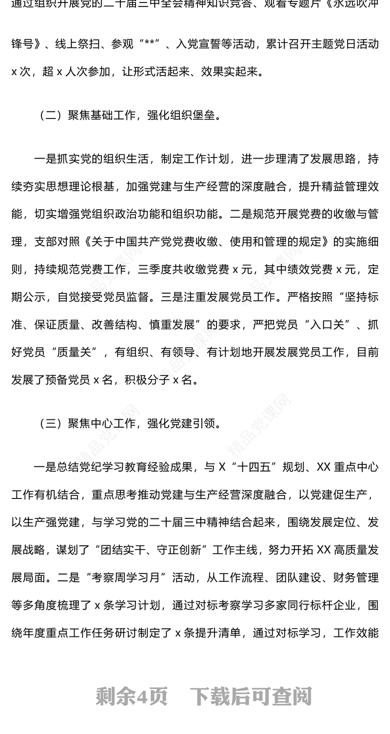 2024年三季度党建工作总结模板