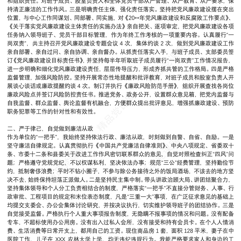 党员干部20xx年度个人述责述廉报告