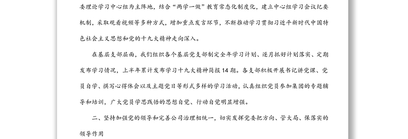 国有企业关于坚持党的领导、加强党的建设进展情况的报告