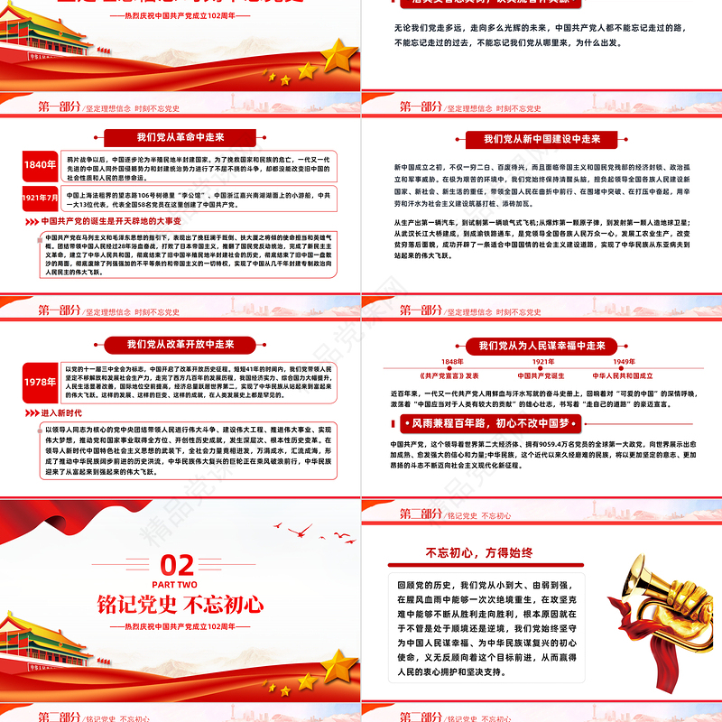 2023铭记党史不忘初心PPT党政风七一建党节热烈庆祝中国共产党成立102周年专题党课课件模板