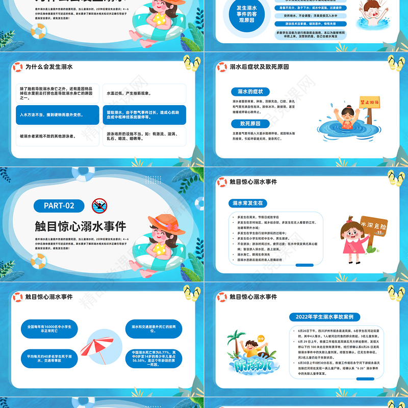 2024防溺水齐行动PPT精美卡通中小学生防溺水安全暑期安全教育模板课件