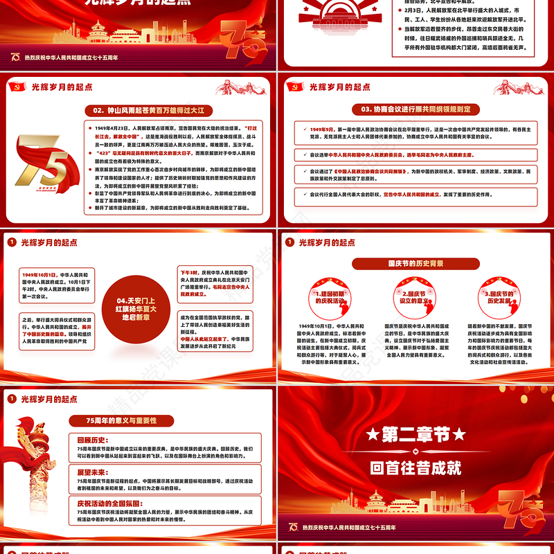精美党政风2024年中华人民共和国成立七十五周年PPT课件模板