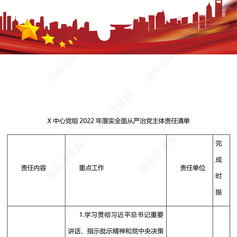 X中心党组2022年落实全面从严治党主体责任清单