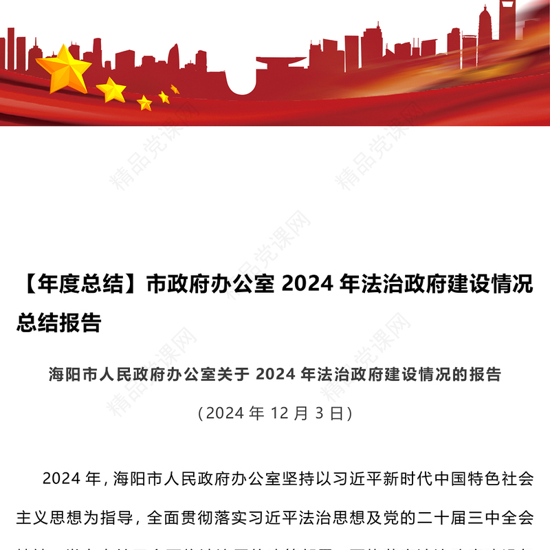 【年度总结模板】市政府办公室2024年法治政府建设情况总结模板报告模板