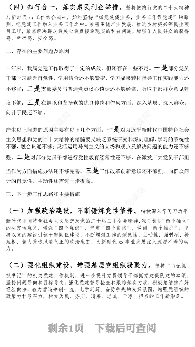 党支部2024年党建工作总结和下一步工作计划范文下载