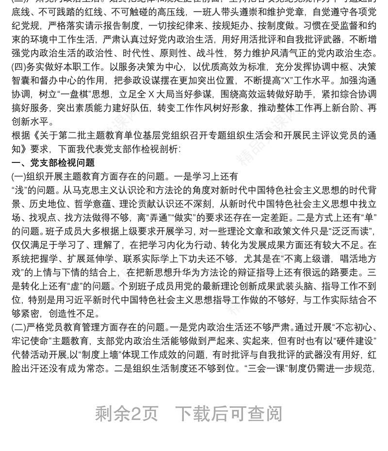 组织生活会党支部检视剖析材料2020