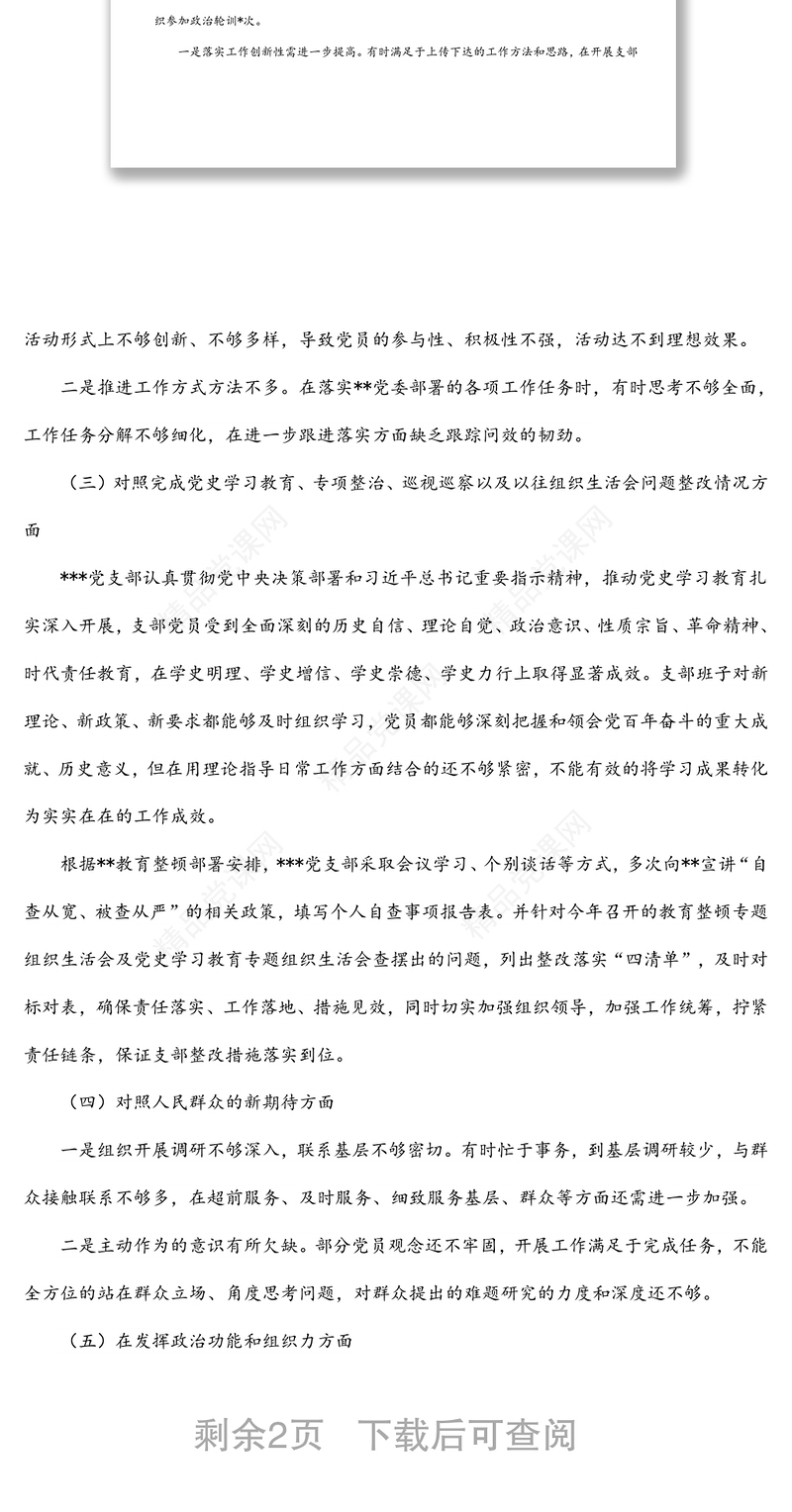 公安系统党支部班子2021年度组织生活会对照检查材料