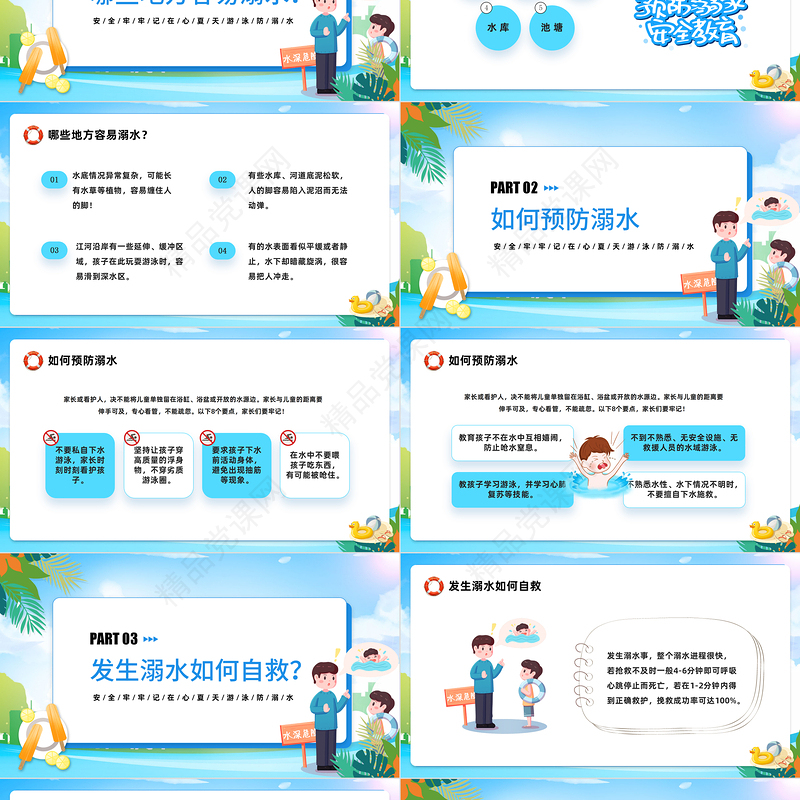 2024预防溺水六不能PPT精美卡通中小学生防溺水安全教育宣传主题班会模板课件