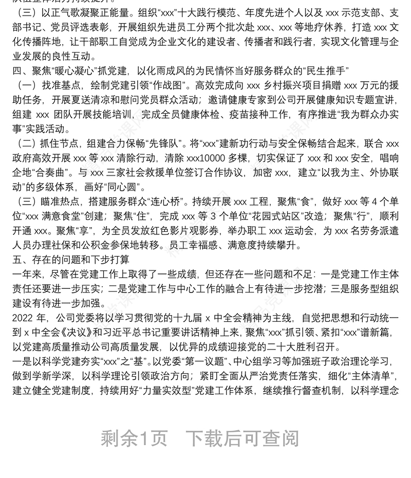 年度公司党组织书记抓基层党建工作述职报告