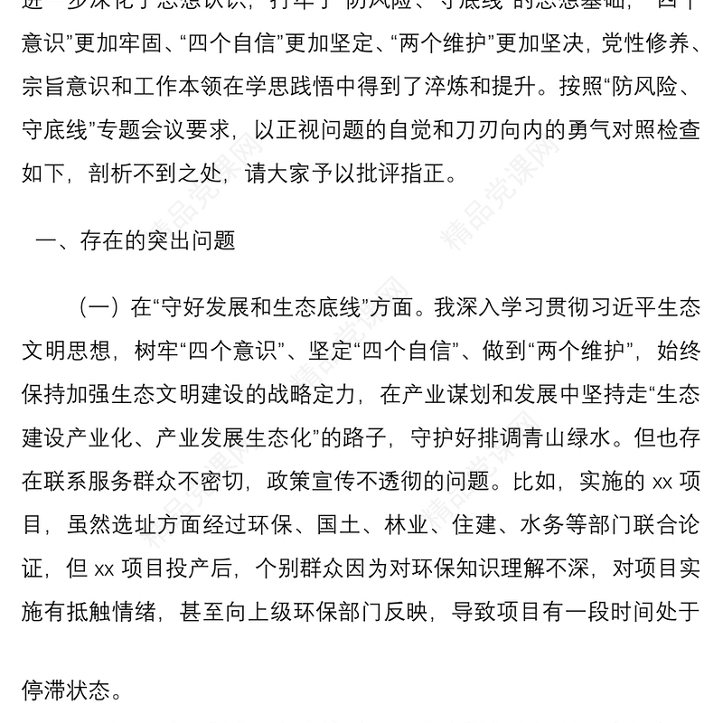“防风险、守底线”专题民主生活会组织生活会个对照检查剖析材料