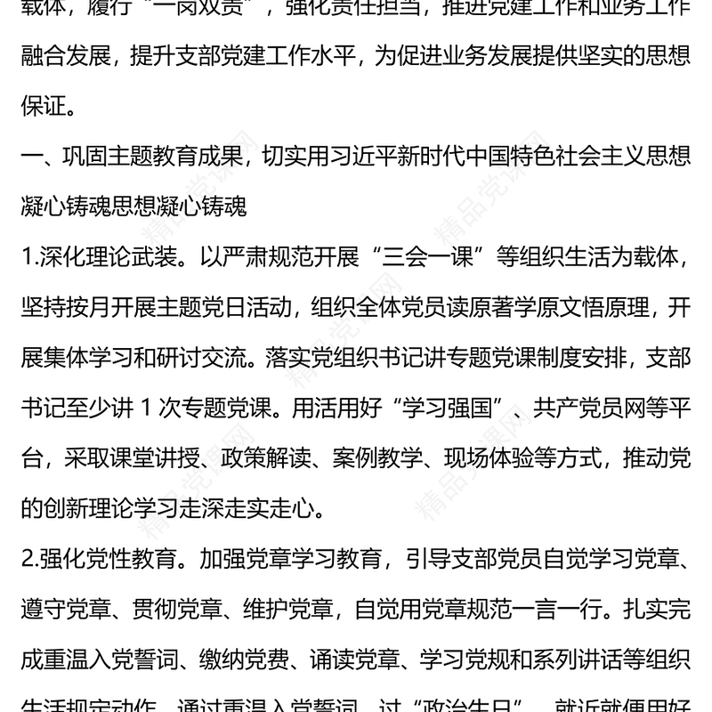 优质简约2024年度支部党建工作计划汇报PPT模板(讲稿)