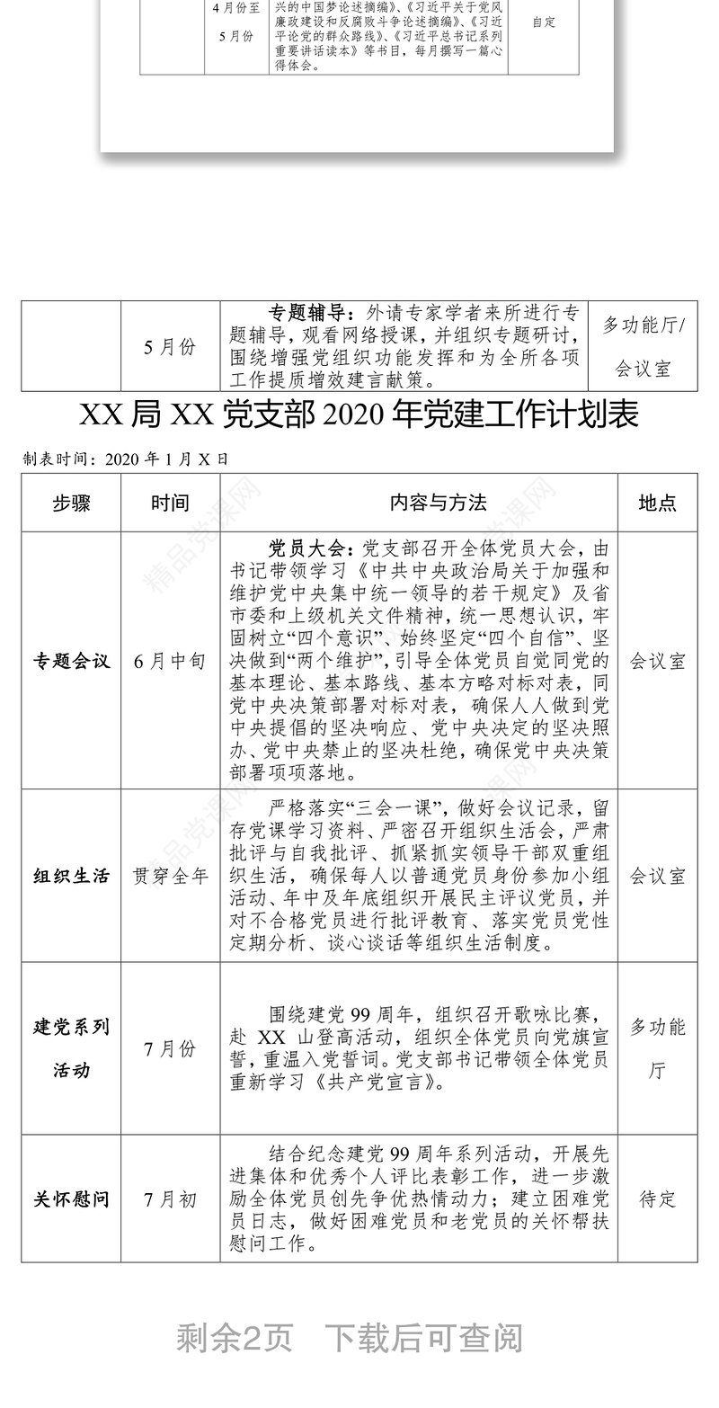2020党支部党建工作计划表党支部工作总结