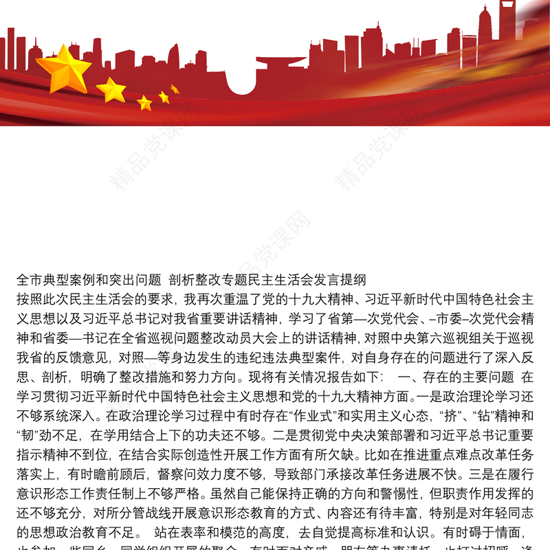 全市典型案例和突出问题剖析整改专题民主生活会发言提纲