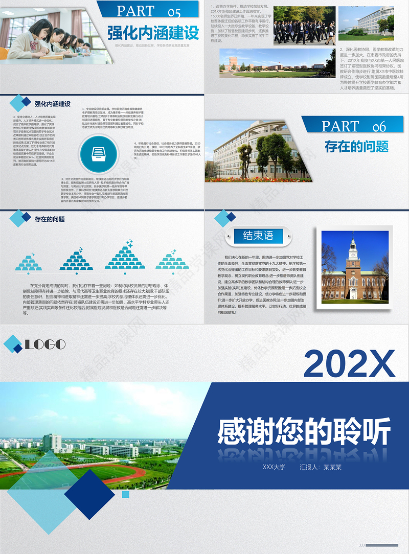 【含内容及范文1篇】蓝色学院风XX高校领导班子年终工作总结汇报报告PPT