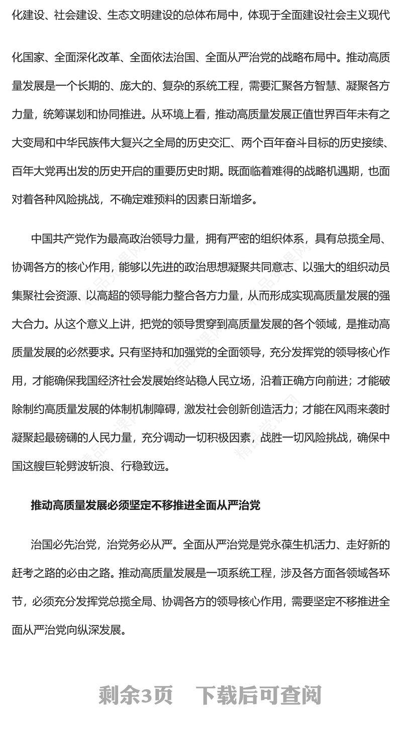 为高质量发展提供坚强有力的政治引领和政治保障发言材料
