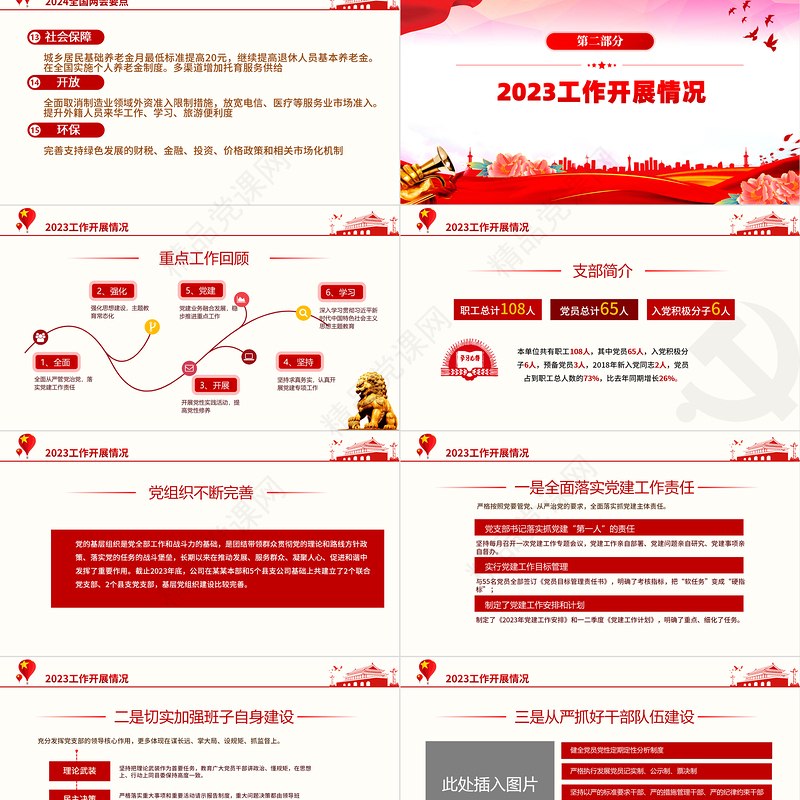 2024年3月份民主生活会PPT红色华美党支部工作总结汇报模板