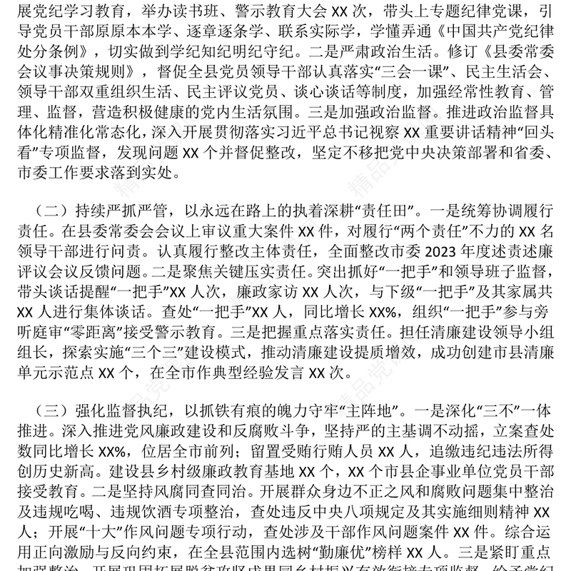 2024年度落实党风廉政建设主体责任述责述廉报告模板