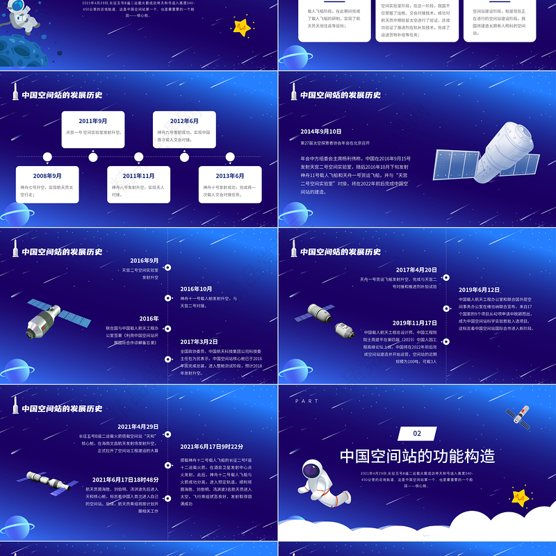 中国空间站PPT蓝色卡通风格中国空间站发展历史知识普及介绍模板