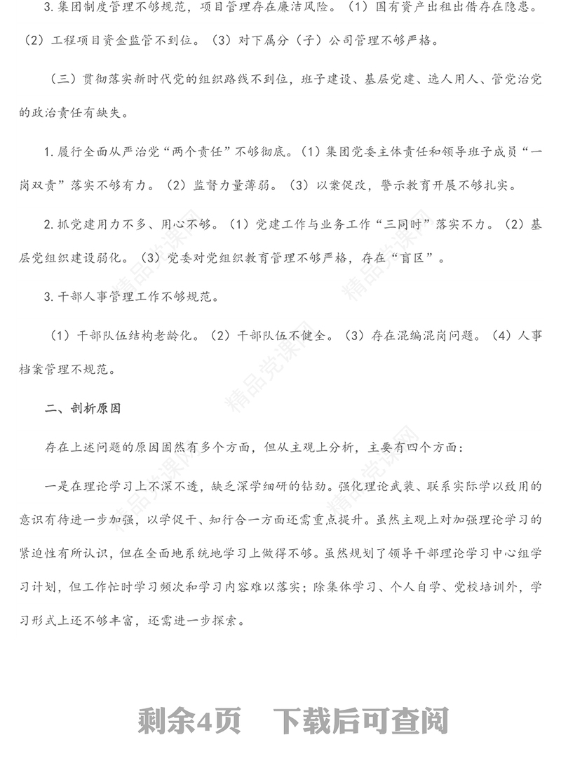 2024某国有企业党委班子巡察整改对照检查分析材料