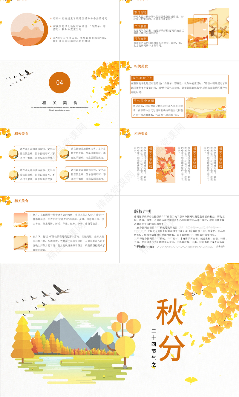 秋分节气PPT清新暖调金秋时节二十四节气之秋分传统文化介绍主题班会模板下载