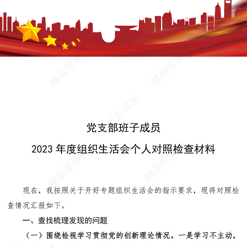 组织生活会个人对照检查材料PPT优质简约党支部班子成员发言材料(讲稿)