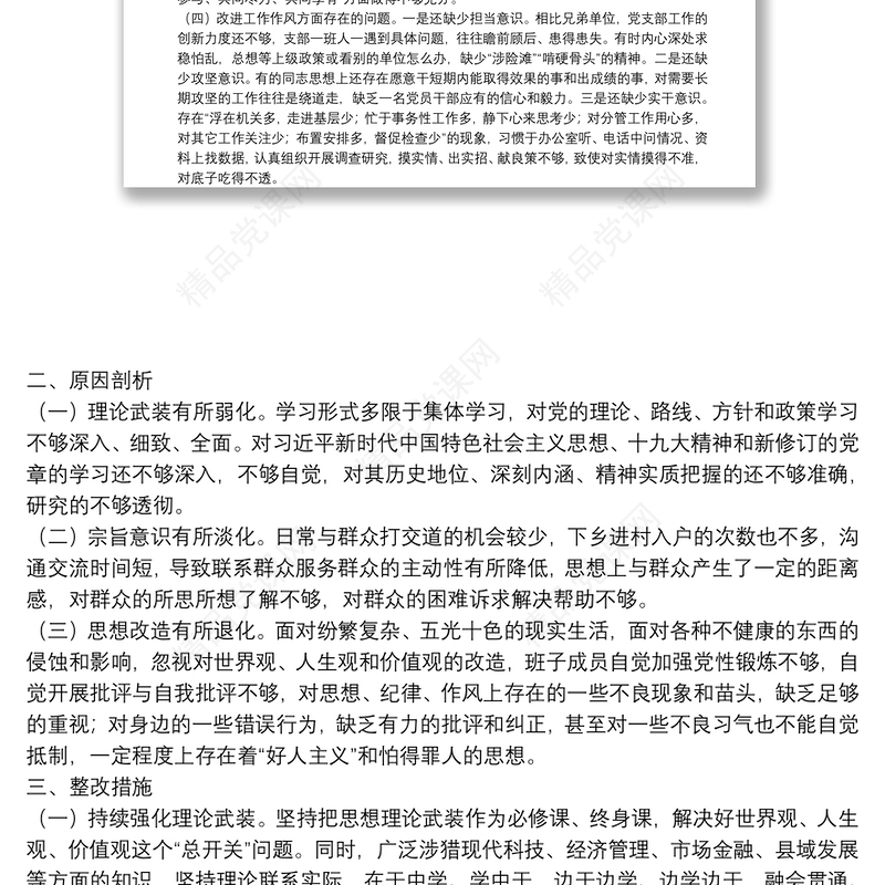 组织生活会党支部检视剖析材料