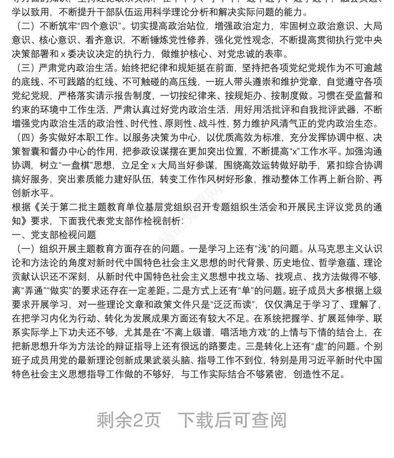 组织生活会党支部检视剖析材料