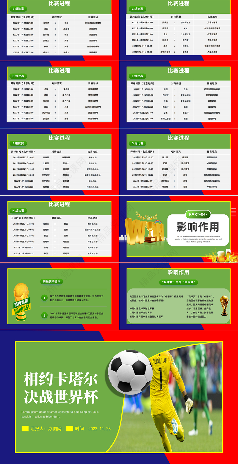 世界杯PPT绿色简约风卡塔尔世界杯比赛介绍模板课件