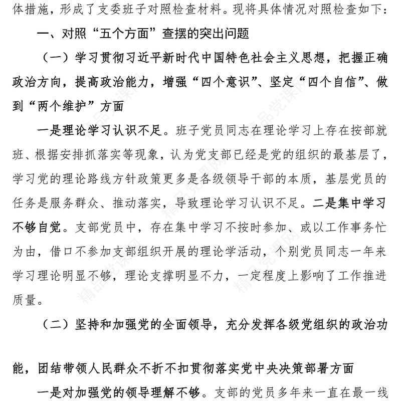党支部班子五个方面对照检查材料范文