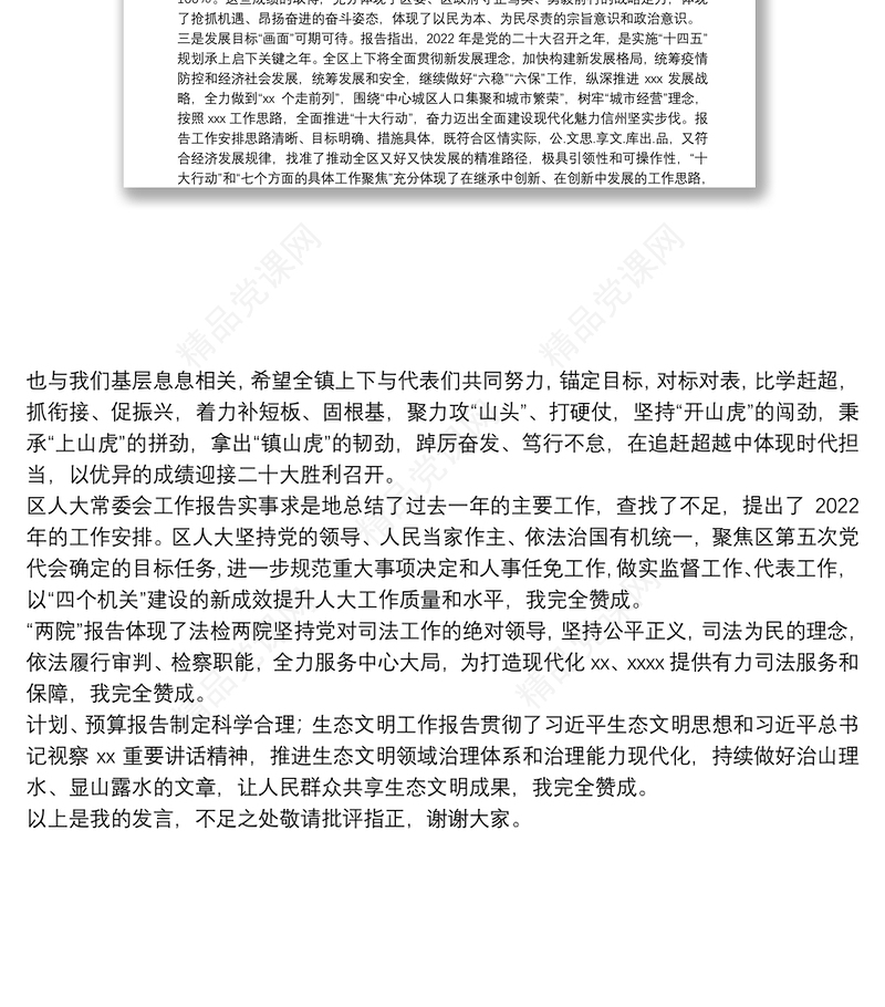 分区代表团团长在审议区人代会审议政府工作报告、人大常委会报告等各项报告讨论会上的总结发言