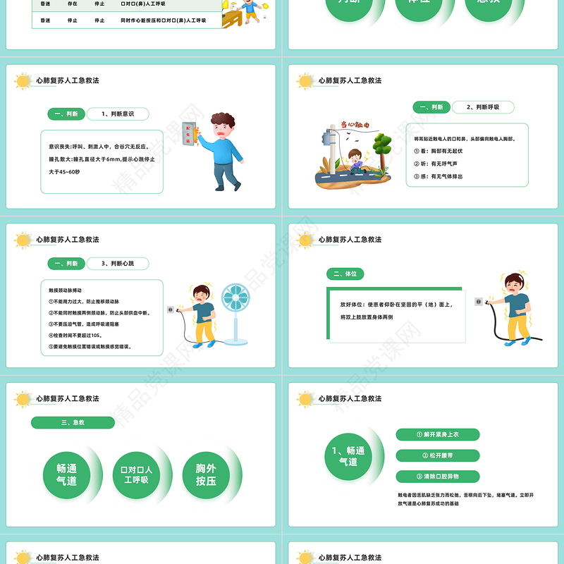 触电急救知识PPT绿色卡通风触电急救知识科普培训讲座课件模板