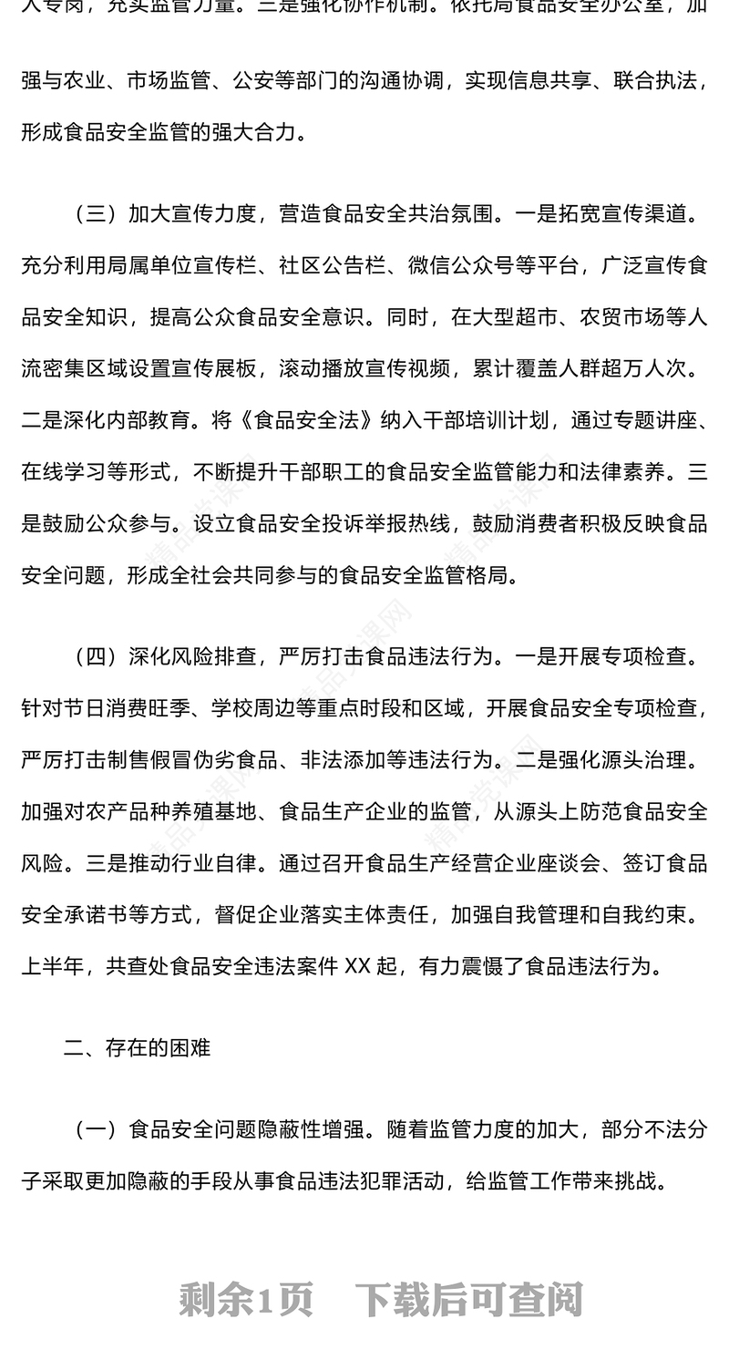 2024年上半年食品安全监管工作总结模板