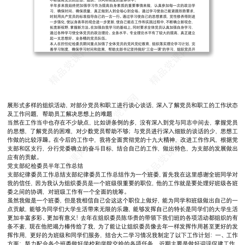 党支部纪检委员半年工作总结