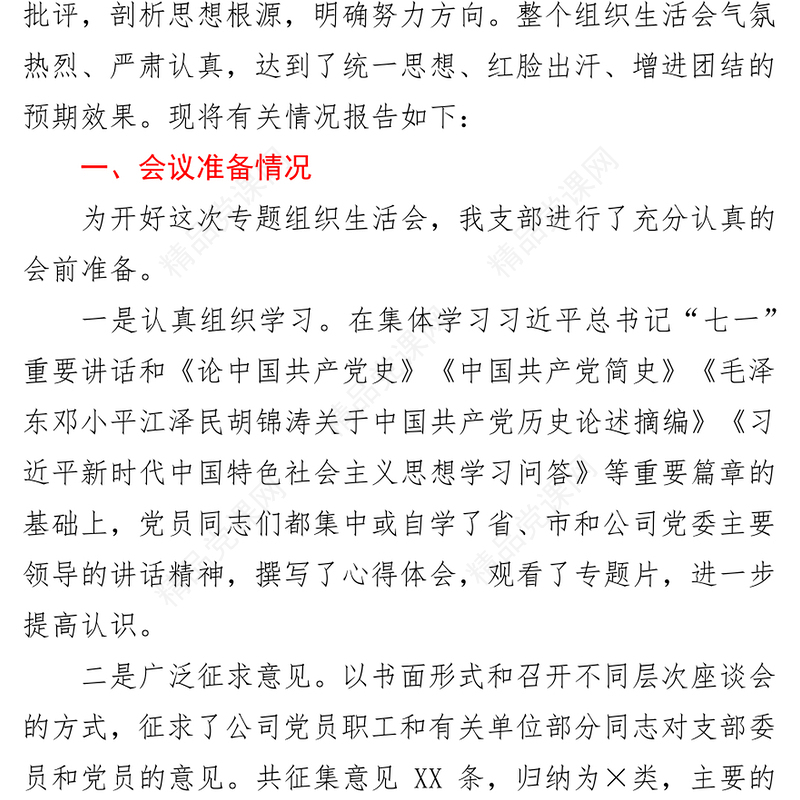 党史专题组织生活会召开情况总结报告