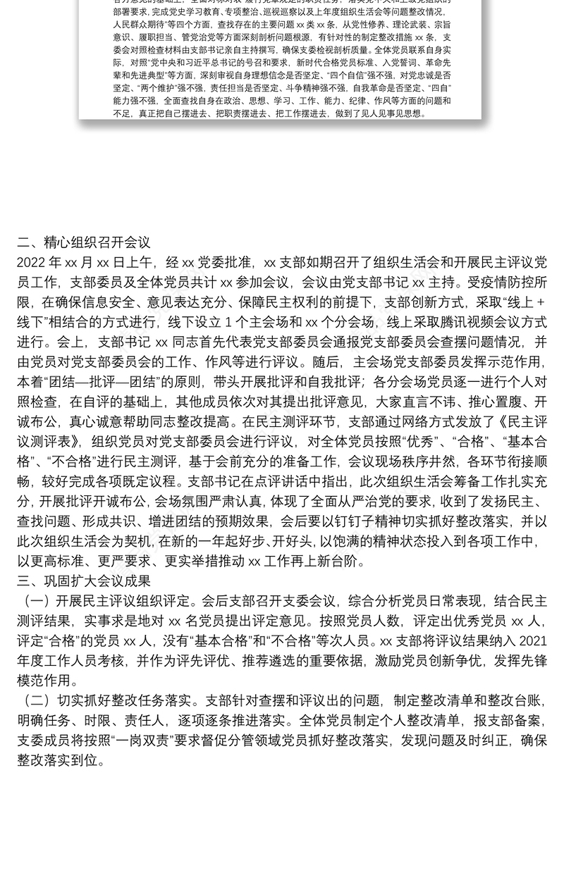 党支部2021年度组织生活会和开展民主评议党员情况汇报