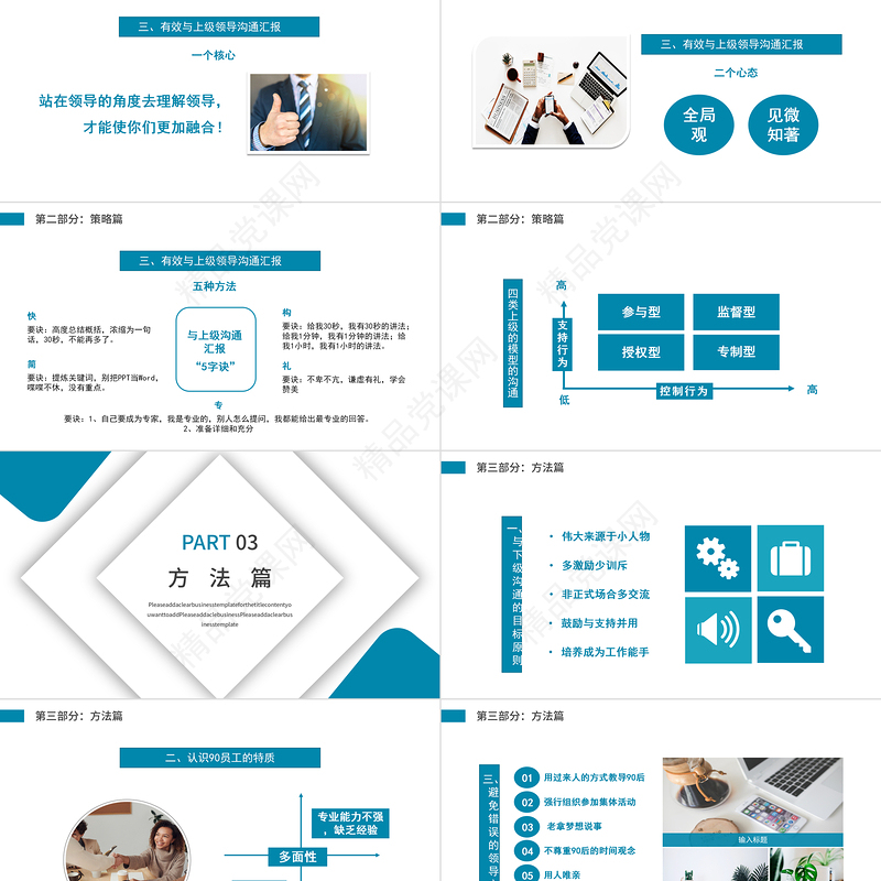 优秀管理者的有效沟通PPT蓝色商务风管理者如何带好团队培训系列课程模板