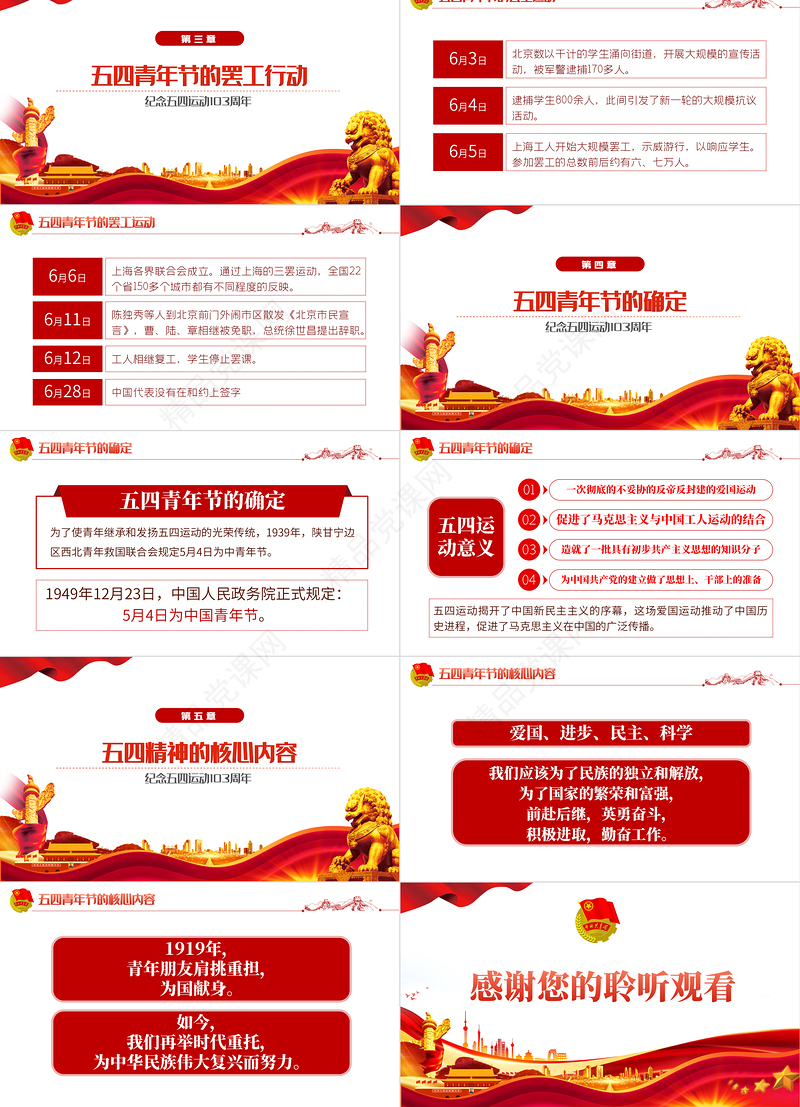 纪念五四运动103周年PPT红色党政风五四精神传承你我专题党课课件模板