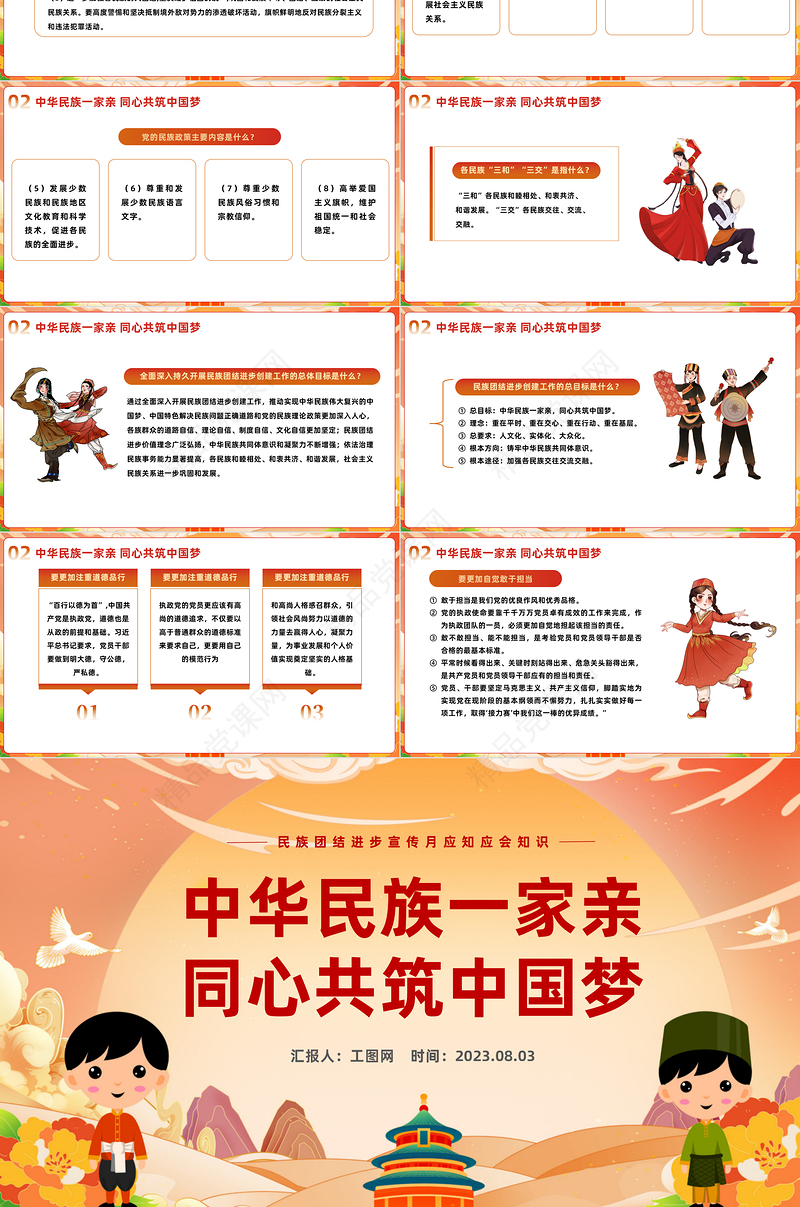 2023中华民族一家亲同心共筑中国梦PPT党政风民族团结进步宣传月应知应会知识课件模板下载