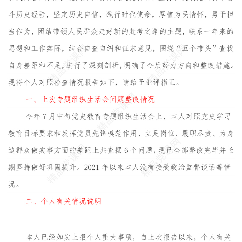 年专题民主生活会个人检视剖析材料（5个带头）
