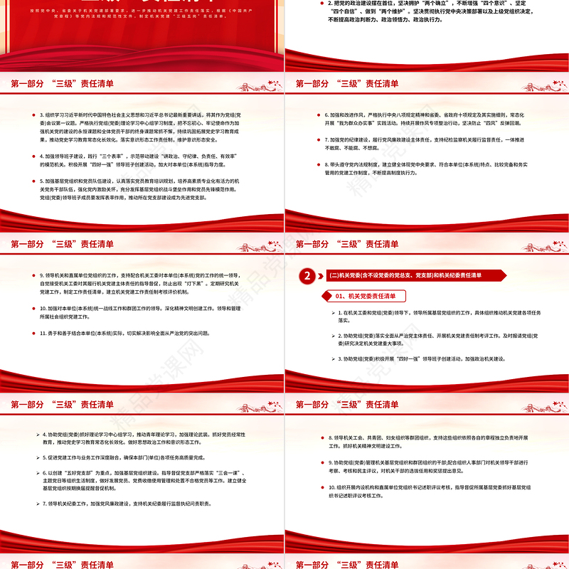 机关党建“三级五岗”责任清单PPT红色创意落实三级五岗履职责创建五好党支部勇争先党课