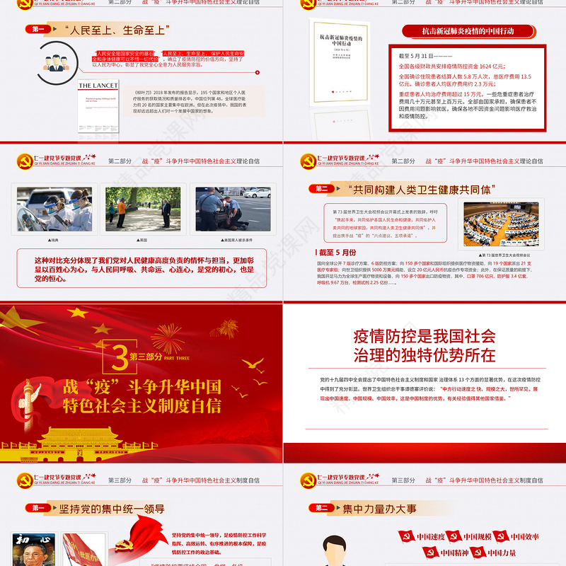 七一党课在中外战疫对比中升华四个自信PPT模板-含讲稿
