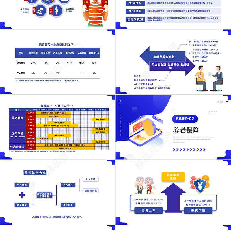 2022企业五险一金知识培训PPT蓝色插画风企业社会保险基础知识模板课件