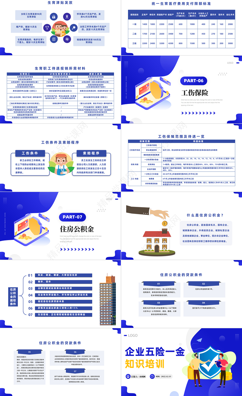 2022企业五险一金知识培训PPT蓝色插画风企业社会保险基础知识模板课件
