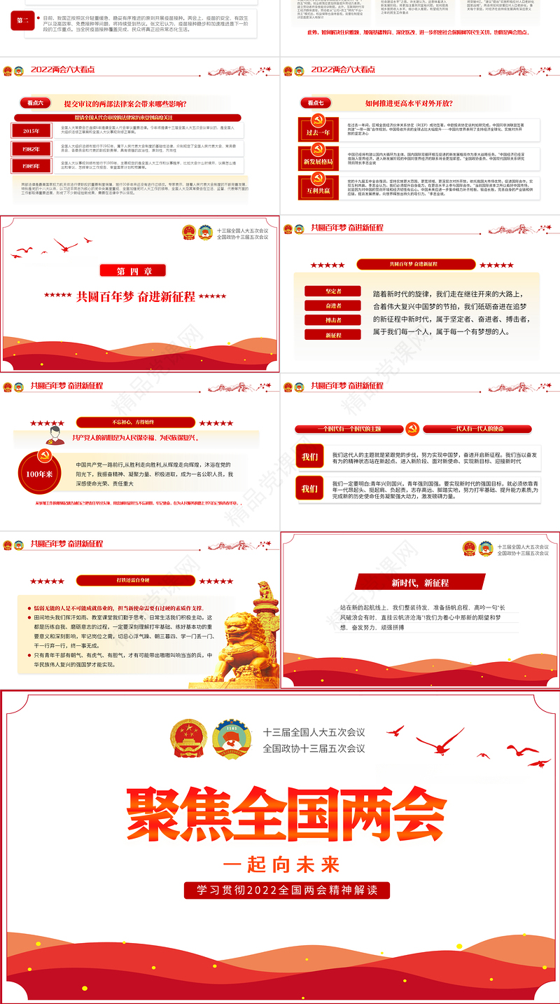 聚焦全国两会一起向未来PPT红色精品学习贯彻2022全国两会精神解读专题党课课件模板下载