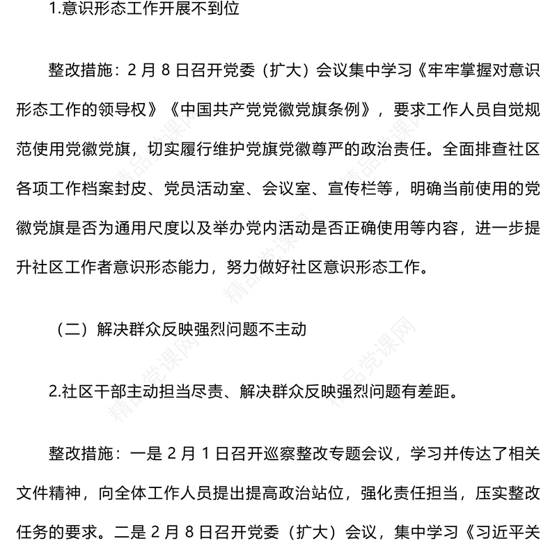 巡察社区党委（支部）发现问题及整改措施word模板