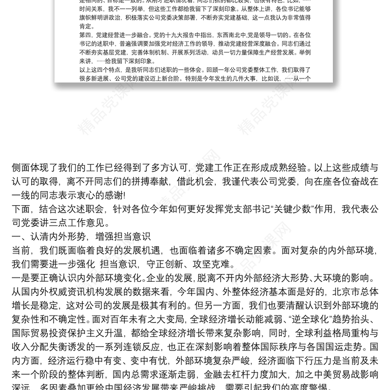 公司党委书记在20xx年度党支部书记述职会上的讲话