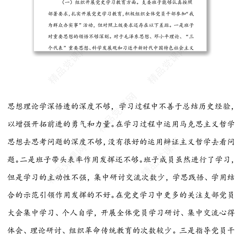 “学党史、悟思想、办实事、开新局”专题组织生活会支委会班子对照检查材料